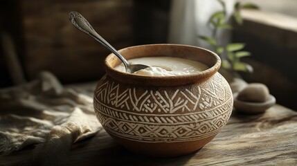Creamy Yogurt in Ornate Clay Pot: Rustic Kitchen Still Life