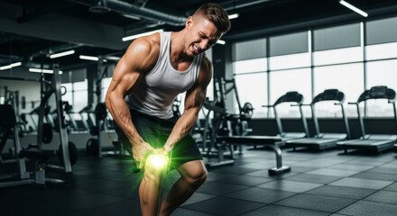 Muscular Man Experiencing Knee Pain During Gym Workout with Dramatic Lighting and Blurred Background