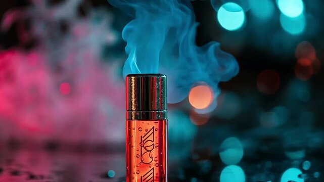 This footage showcases a vape device releasing blue smoke in a vibrant setting. Perfect for product promotion and lifestyle content. Captivating visuals enhance your projects. Generative AI