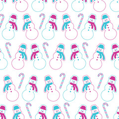 Outline style snowman and snowflakes vector seamless pattern Winter, New Year and Christmas Texture Creative neon gift wrapping paper design, wallpaper, fabric textile prints, card or banner template