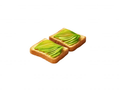 Two slices of toast topped with fresh, thinly sliced avocado are beautifully presented against a clean white background, making for a healthy and appetizing snack.