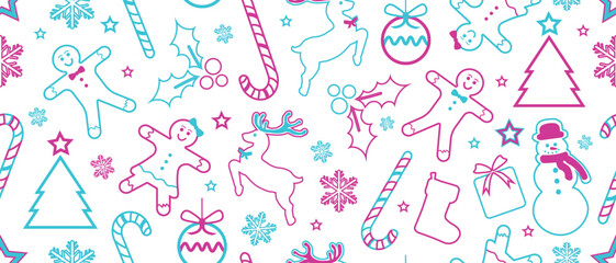 Christmas Outline Seamless Pattern. Christmas and New year Holiday Repeatable Pattern. Decorative Neon Texture for Wallpaper, Gift Wrapping paper, Card or Banner Template or Fabric Textile Prints.