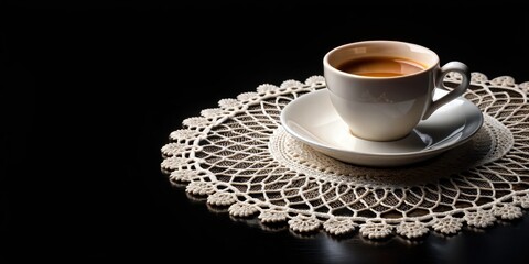 Obraz premium Delicate coffee cup on a intricate lace doily against a dark black background
