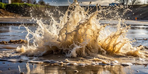 Water explodes from a burst pipe on the ground causing a muddy splash and waves moving rapidly outward