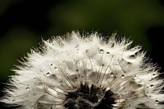 A mesmerizing close-up of a dandelion seed head adorned with glistening water droplets.