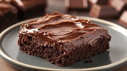 A single square of chocolate cake coated with frosting on a plate