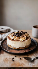Light and airy tiramisu cake with espresso-soaked sponge and delicate mascarpone cream, styled with minimal props.
