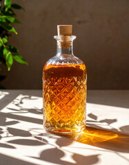 A beautifully crafted glass bottle filled with amber liquid catches the warm sunlight, casting intricate shadows and reflections on the surface of the light-colored table.