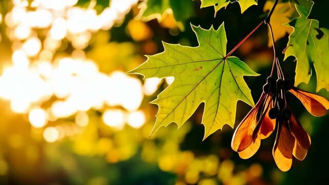 Maple leaves and seeds highlighted by warm sunlight create a vibrant and inviting autumn scene in nature.
