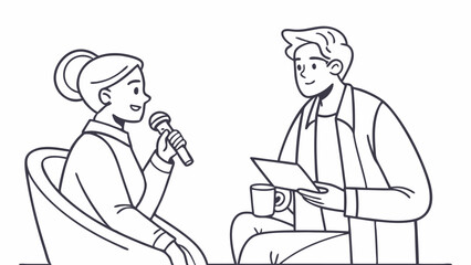 Woman with microphone in interview setting while man holds notes and a cup in monochrome style drawing