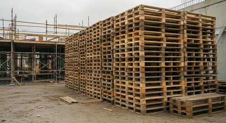 High Angle View of Stacked Wooden Pallets on Muddy Construction Site with Scaffolding and Metal Accents Under Overcast Sky