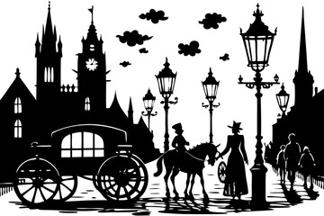 Fototapeta premium Victorian Era Street Scene Horse-Drawn Carriage, Lampposts, and Elegant Figures, victorian, street, carriage, lampposts, figures, nostalgic, aesthetic, picture, gas, sophisticated, atmosphere, shadow,