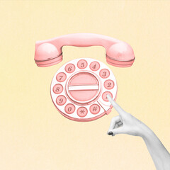 Abstract collage illustration of woman hand dialing numbers on pink telephone. Retro vintage style. Noise, grain, grunge and motion effect applied. Soft beige background with copy space