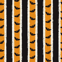 Halloween raster seamless pattern background. Pumpkin orange,black and bone white vertical grunge stripes with bats. Hand painted brush strokes, striped background. Linear geometric fall backdrop.