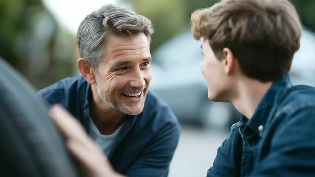 A father guides his teenage son through the steps of fixing a flat tire.