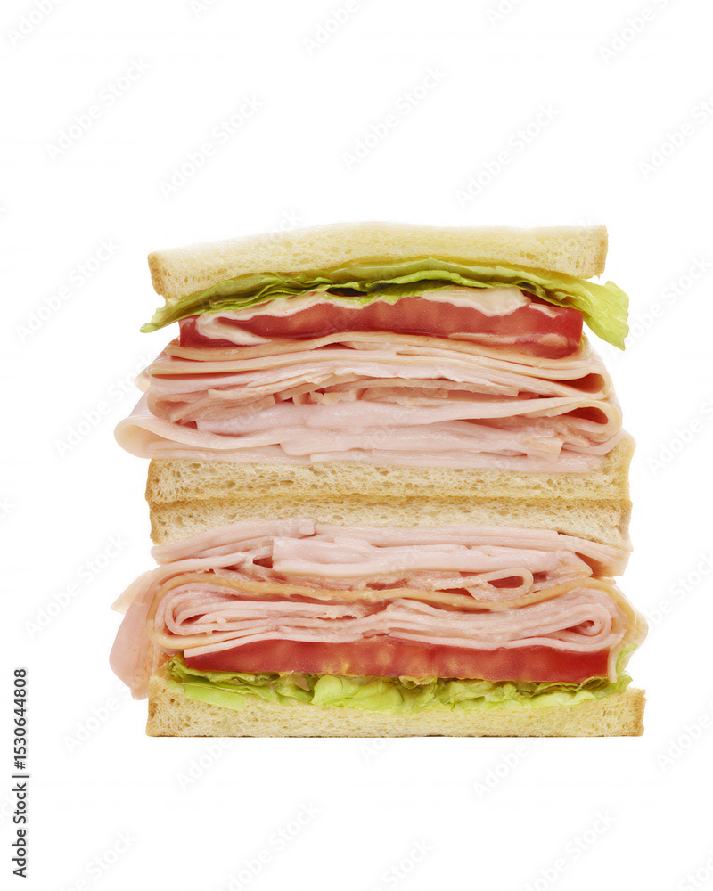 Poster a delicious stack of thinly sliced turkey breast sandwich with lettuce and sliced tomatoes is isolat