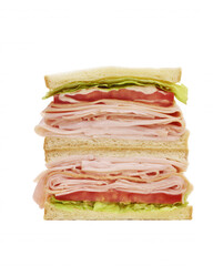 A delicious stack of thinly sliced turkey breast sandwich with lettuce and sliced tomatoes is isolated against a stark white background in a studio setting.
