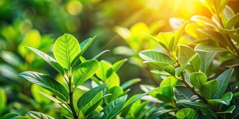 Obraz premium Detailed image of lush green leaves on a stem in a garden with sunlight filtering through