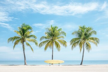 Fototapeta premium A tranquil beach scene with palm trees and a surfboard.