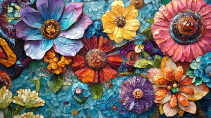 Vibrant Mosaic Floral Artwork: A Stunning Colorful Garden of Glass Tiles, Outdoor Wall Art Installation.