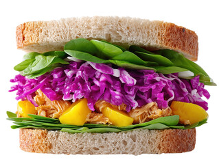 Delicious open-faced sandwich with shredded chicken, vibrant purple cabbage slaw, sweet mango chunks, and fresh spinach leaves atop toasted bread on white background.