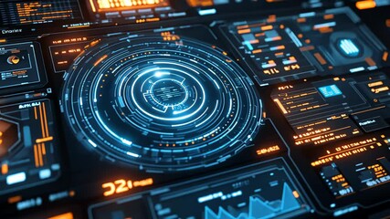 Digital Interface in Neon Glow: A close-up of a futuristic digital interface showcasing intricate data displays and glowing neon elements, representing the forefront of advanced technology. - Powered by Adobe
