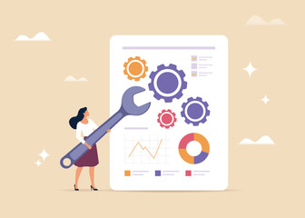 Business Improvement concept. Hand draw cartoon of a woman with a wrench troubleshooting work of a chart on the analytics report on isolated background. Vector illustration