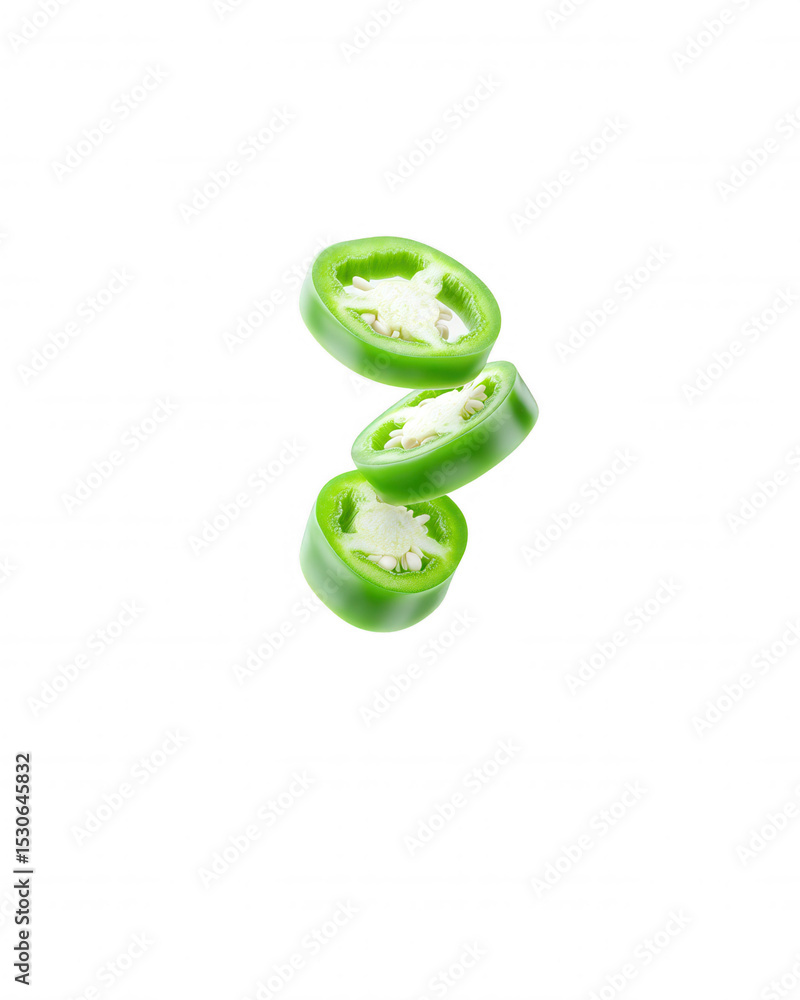 Poster three vibrant green jalapeno pepper slices are playfully stacked in mid air creating a fresh and vis