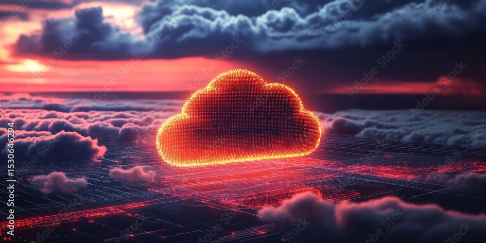 Poster cloud computing evolution connecting digital landscapes through binary reality and abstract shapes