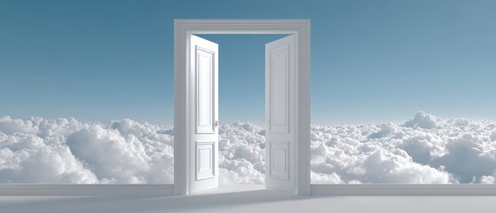 A surreal room with floating doors opening to endless skies, symbolizing infinite opportunities and the power of inner choice.