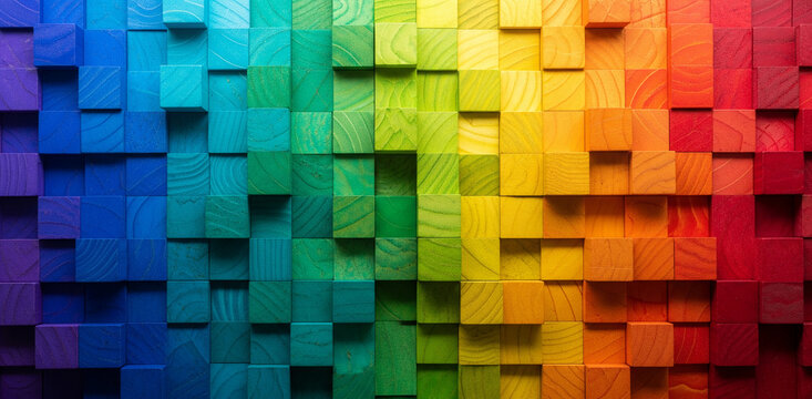 Colorful wooden cube texture, vibrant rainbow gradient, abstract geometric pattern, showcasing a smooth surface, ideal for background or design element