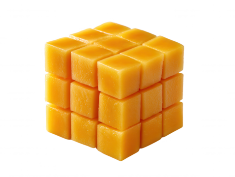 Conceptual image of a fruit cube constructed from small mango pieces on a white background, showcasing a creative representation of healthy eating concept.