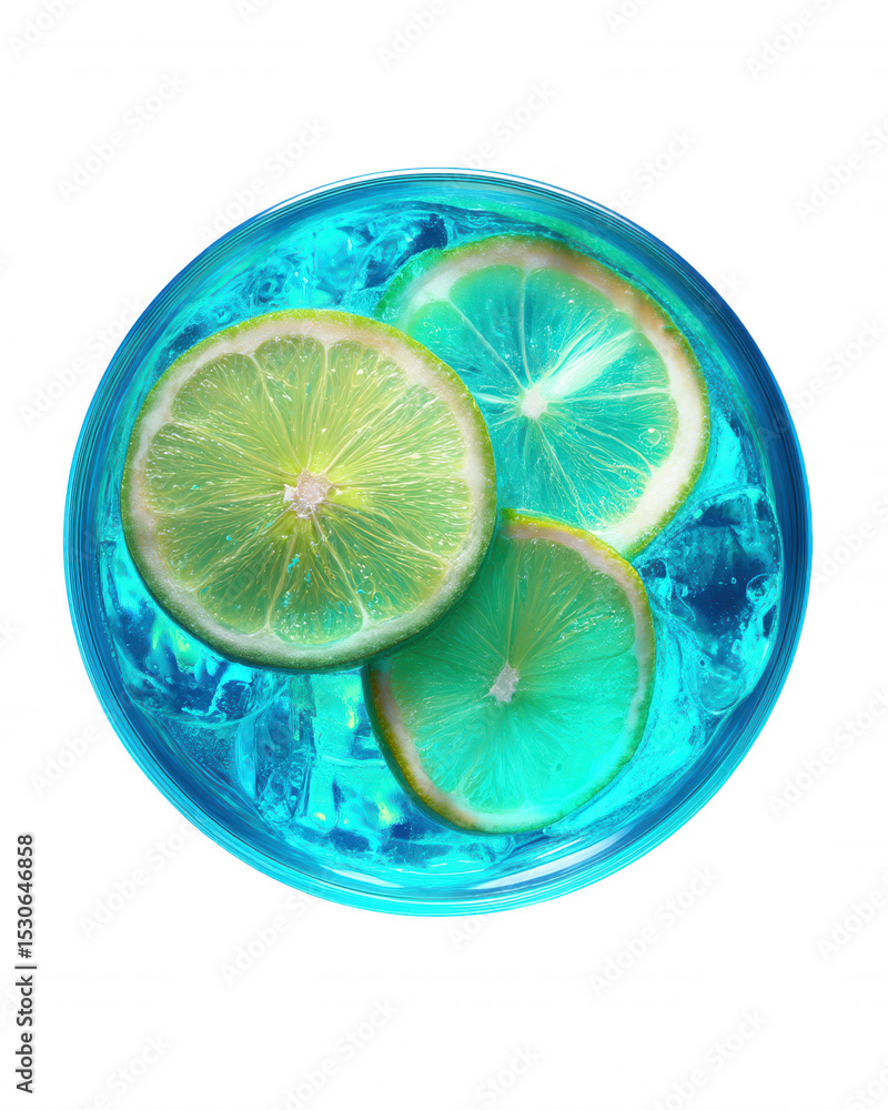 Poster overhead shot reveals a refreshing blue cocktail with ice cubes and vibrant lemon slices, creating a