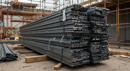 Stacked Black Perforated Steel Beams on Construction Site with Scaffolding Background in Daylight