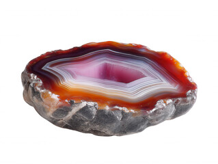 A vibrant agate slice featu concentric bands of white, orange, purple, and pink creates a mesmerizing natural pattern against a crisp, clean white background.