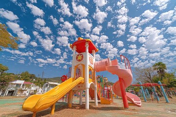 Colorful playground with slides and amusement facilities under blue sky and white clouds