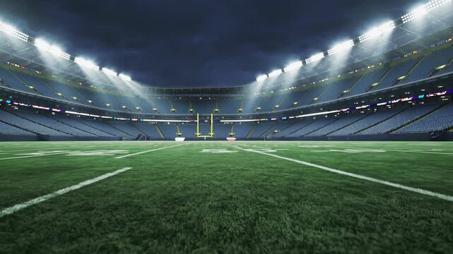 Empty football stadium illuminated by powerful lights under a twilight sky creates a dramatic and suspenseful atmosphere, suitable for sports promos, intros, and cinematic sequences
