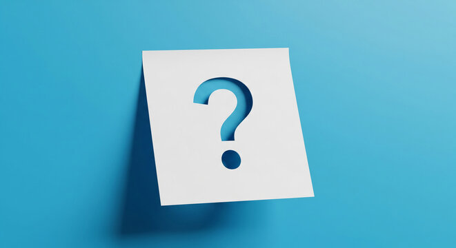 White paper sheet on blue background, question mark cut out, symbolizes inquiry, uncertainty, or query, ideal for FAQ pages or help sections