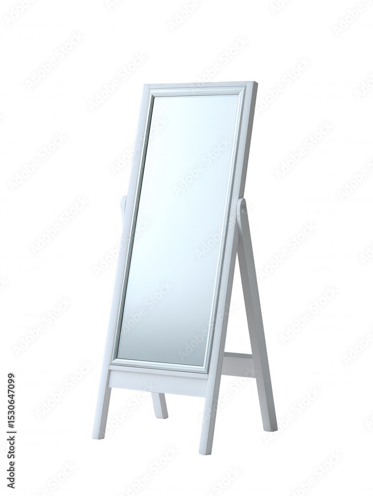 Poster an elegant full-length floor mirror with a simple white frame is propped up by an a-frame stand agai