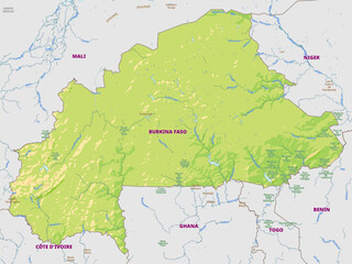 Detailed physical map of Burkina Faso