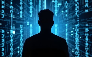 Silhouette of man facing futuristic digital matrix with blue lights. High quality