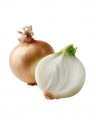 Fototapeta premium Two onions are displayed, one whole with its papery skin and the other neatly halved revealing its layered interior on a clean, bright, and isolated white background.
