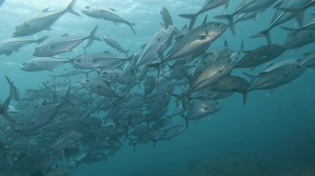 Big eye trevally fish school swimming in blue ocean