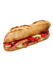 A crusty baguette sandwich is filled with delicious cured meats, provolone cheese, and roasted red bell peppers, perfect for a tasty lunch or picnic snack.