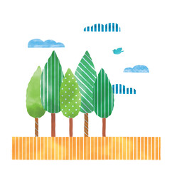 Cute Scandinavian style illustration of trees and clouds. Nature. Decoration. Simple. Handwriting style. Vector.