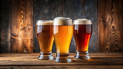 Three glasses of craft beer on a wooden table with beer flight tasting experience showcasing different microbrewery beers