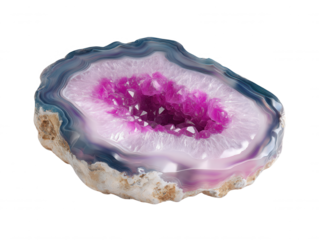 A vibrant pink amethyst geode slice with blue and lavender agate bands rests on a white surface showcasing its crystalline structure and natural beauty perfectly.