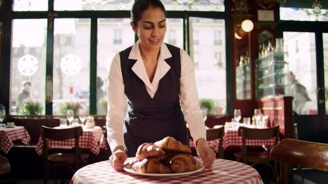serveuse apportant des croissants sur une table