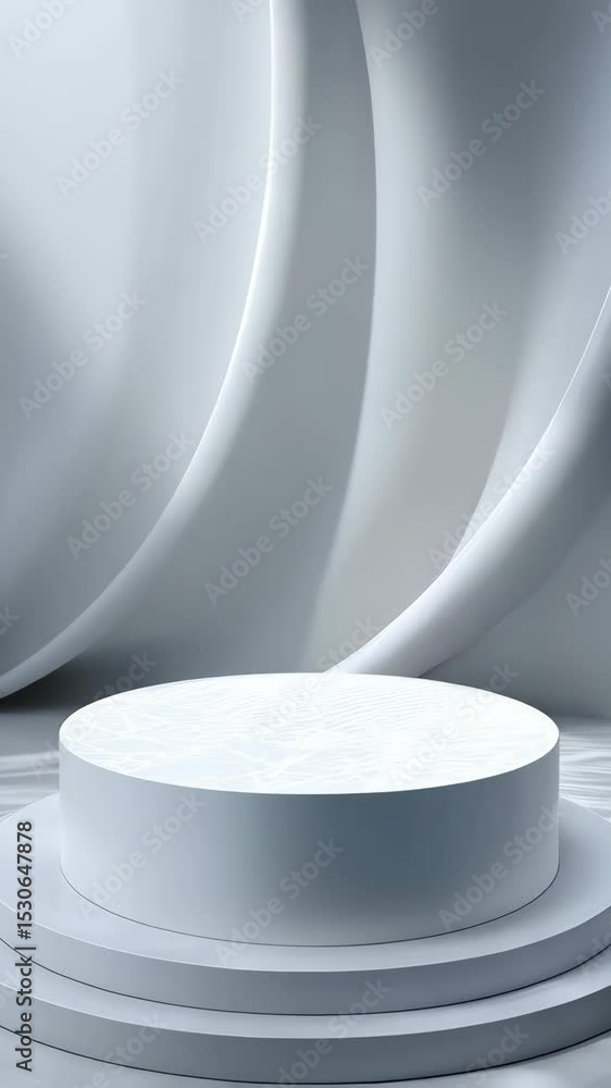 Poster minimalist white pedestal stand for product display with abstract flowing waves backdrop.