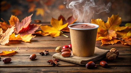 A steaming hot paper cup filled with rich brown cocoa sits on a worn wooden table